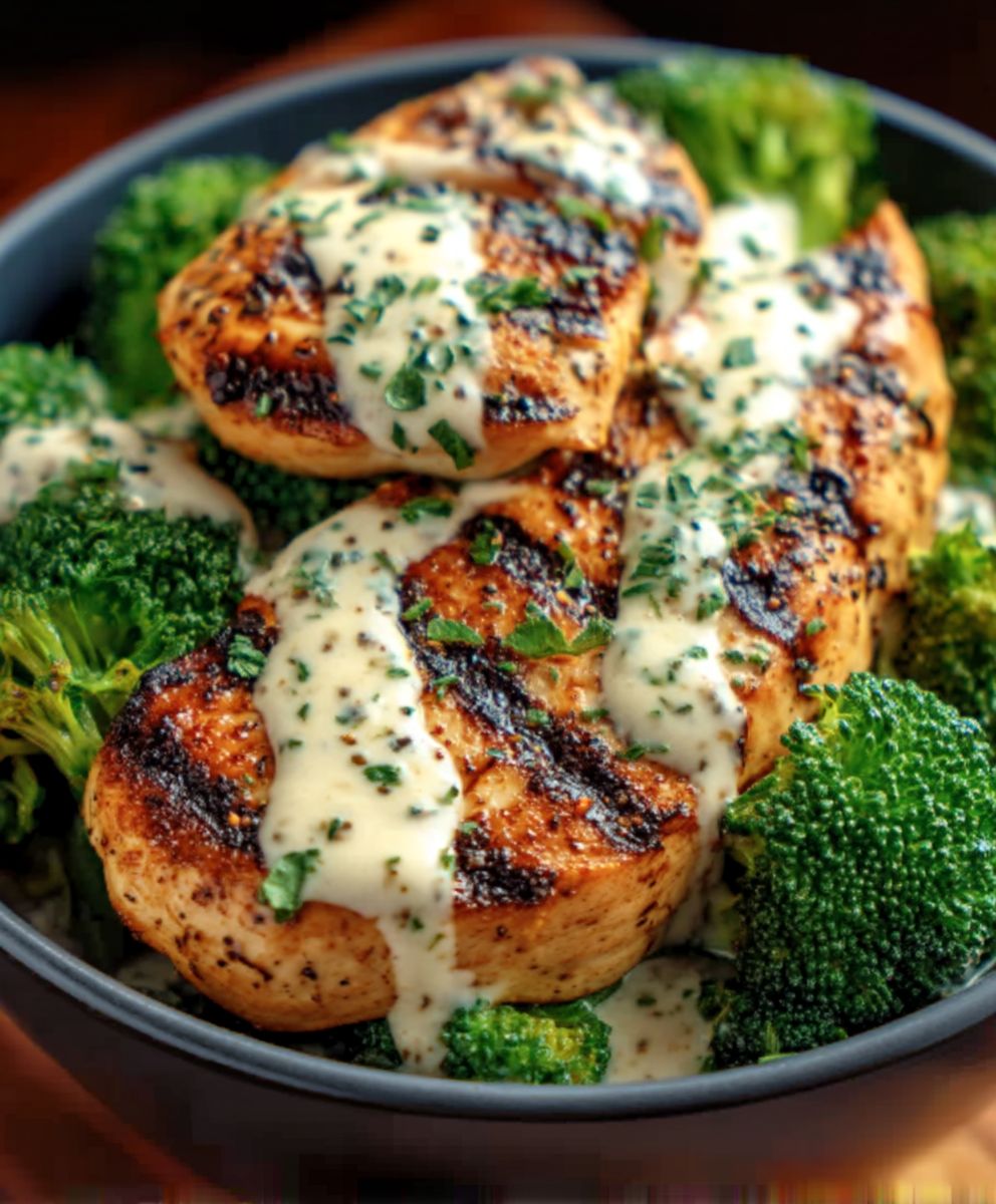 Gegrillte Hähnchen-Brokkoli-Bowls mit cremiger Knoblauchsauce image 2