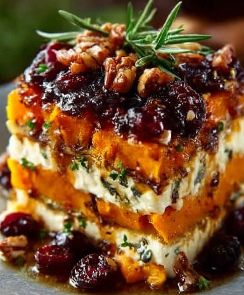 Gemüselasagne mit Süßkartoffeln, Butternusskürbis und Preiselbeerglasur image 2