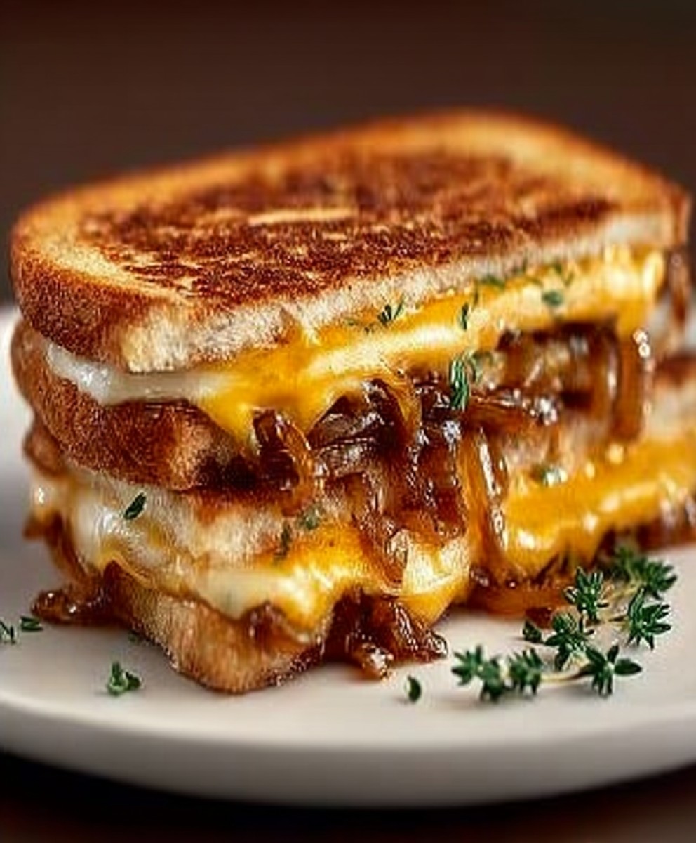 Gegrilltes Käsesandwich mit Birne, Apfel und karamellisierten Zwiebeln image 2